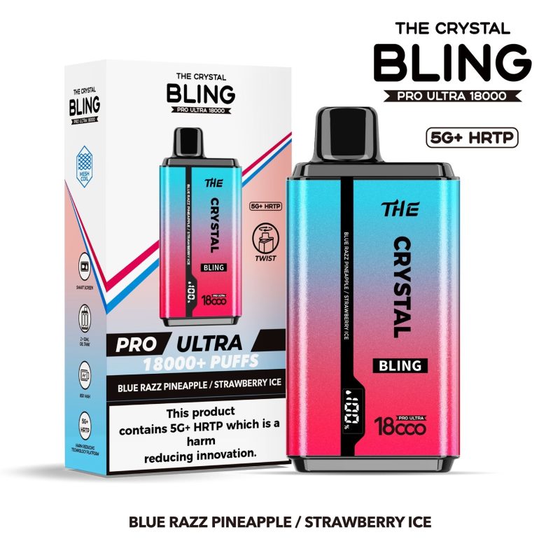 the crystal bling pro ultra 18000 disposable vape box of 5 cherry ice peach mango vapeukwholesale 671074